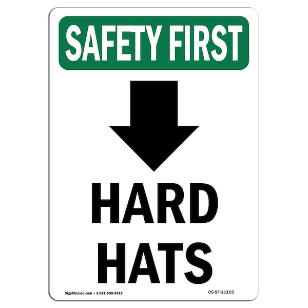 OSHA Sign Hard Hats W/ Down Arrow W/ Symbol 14in X 10in Aluminum, 10" W, 14" H, Portrait